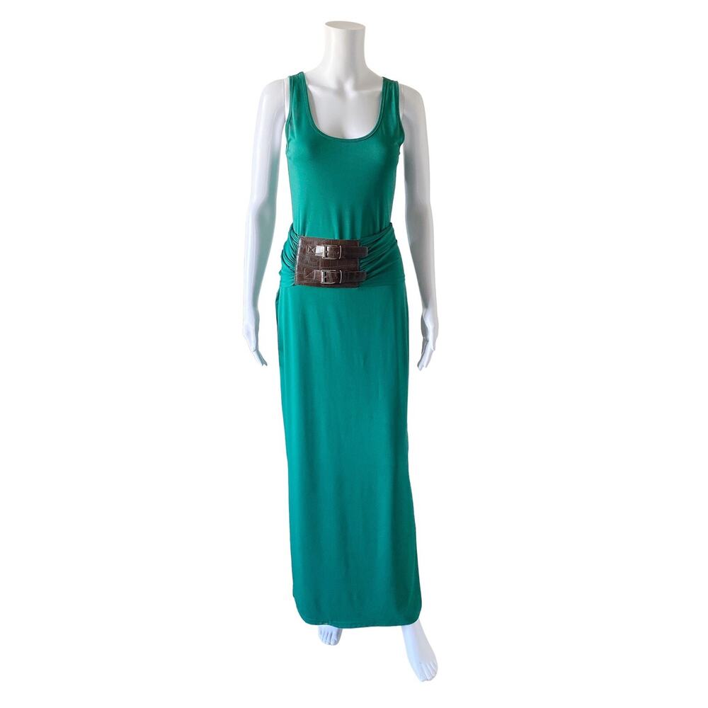 Incity Womens Size 12 (EU 44) Dark Green Sleeveless Belted Maxi Dress Stretch